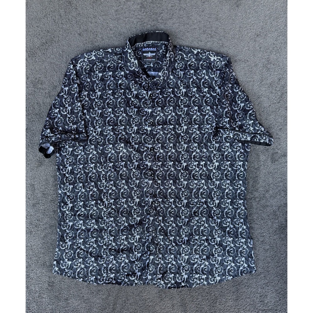 Barabas Mens XL Black White Filigree Scroll Short Sleeve Button Down Shirt